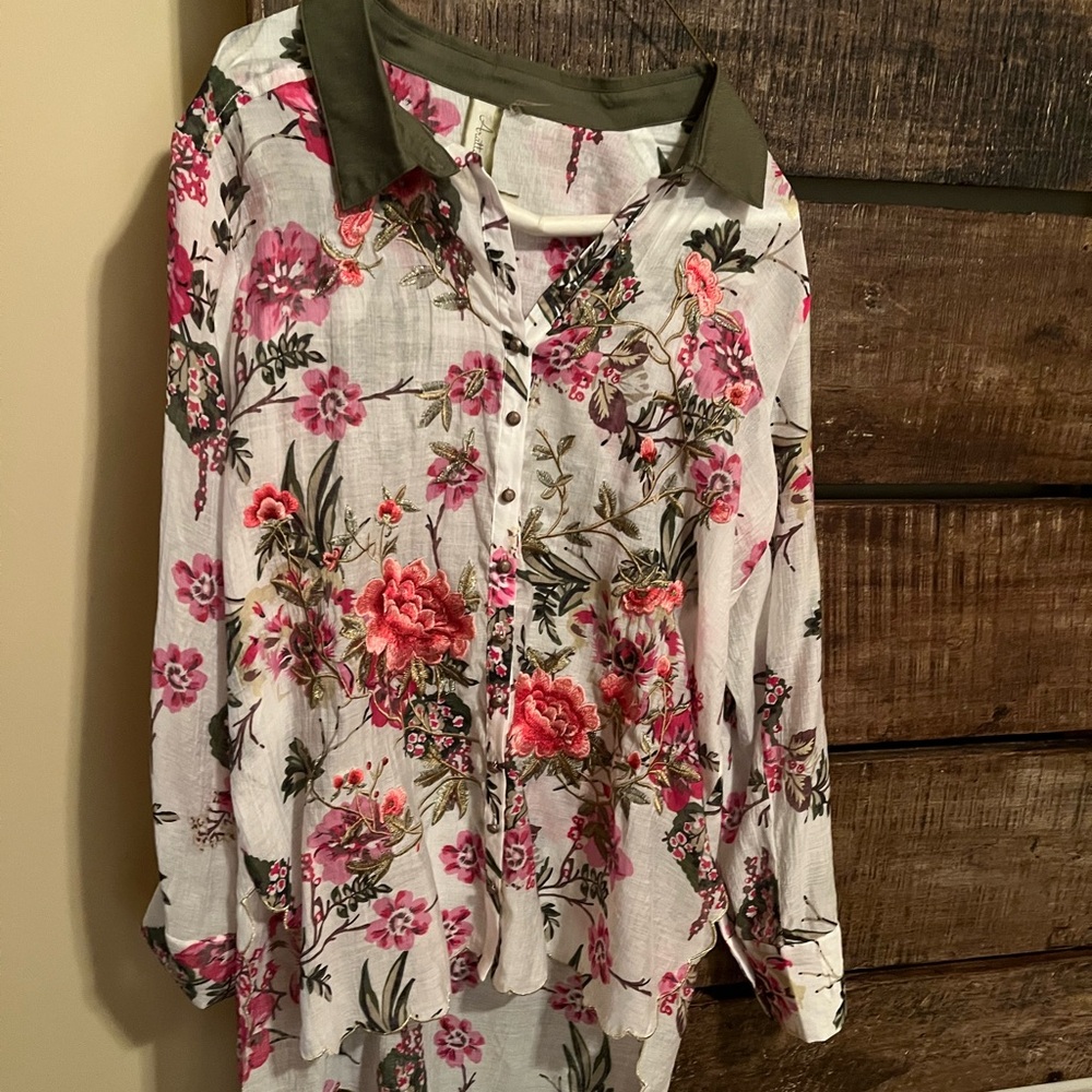 Aratta Embroidered Floral Button-Up Blouse with Green Collar